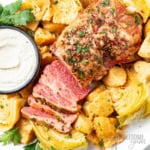 Instant Pot corned beef and cabbage on a plate.