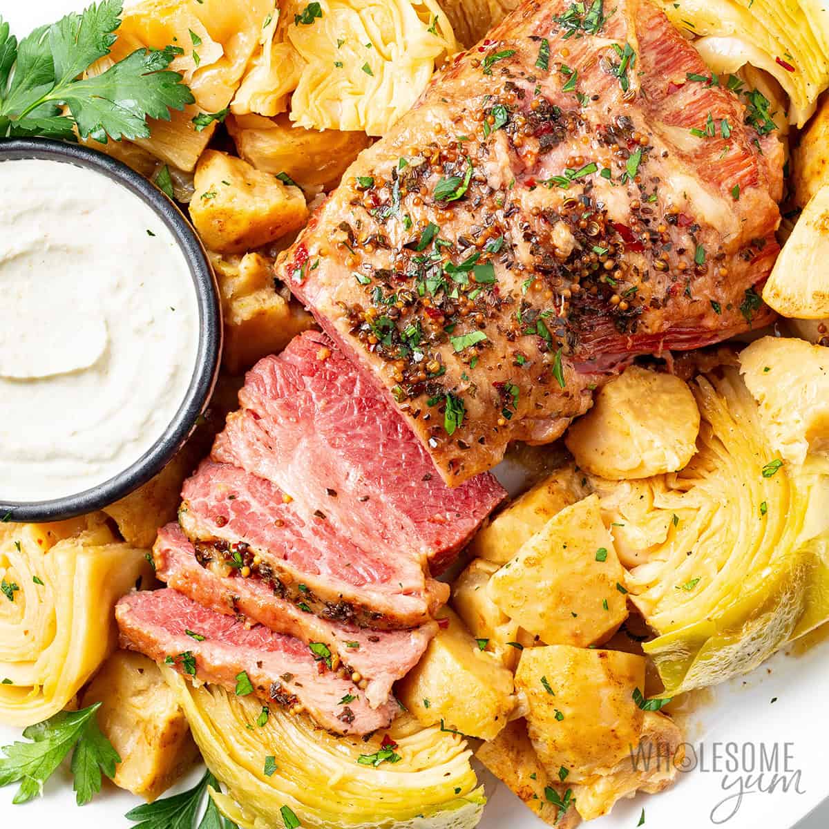 Instant Pot corned beef and cabbage on a plate.