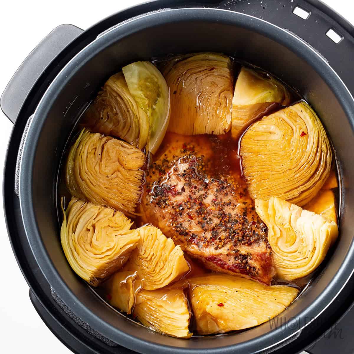 Pressure cooked corned beef and cabbage in the Instant Pot.