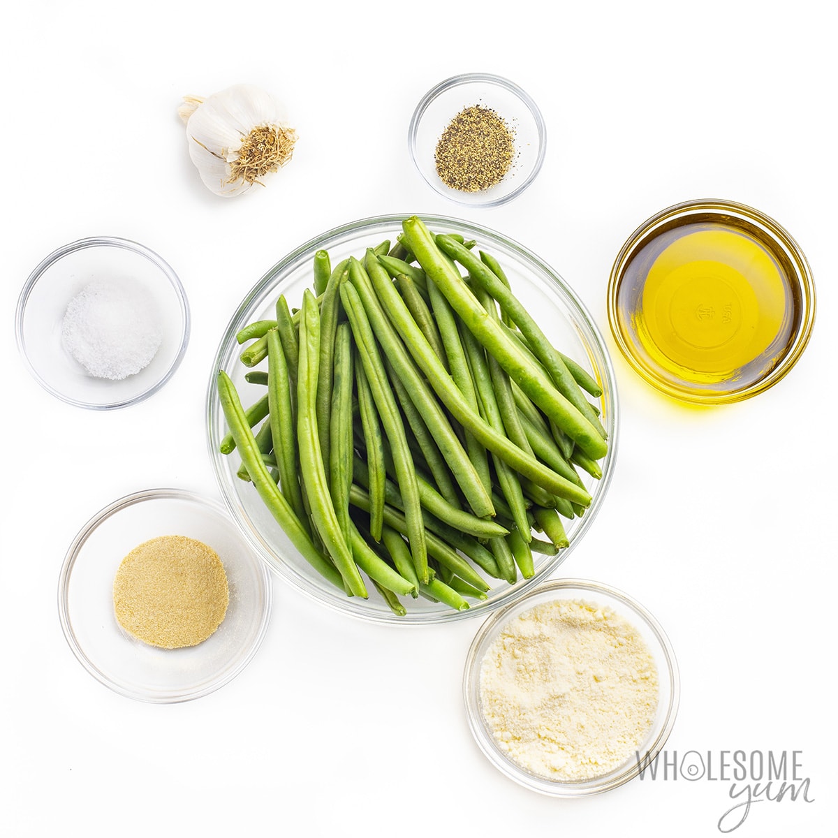 Ingredients for oven roasted green beans with garlic and parmesan.