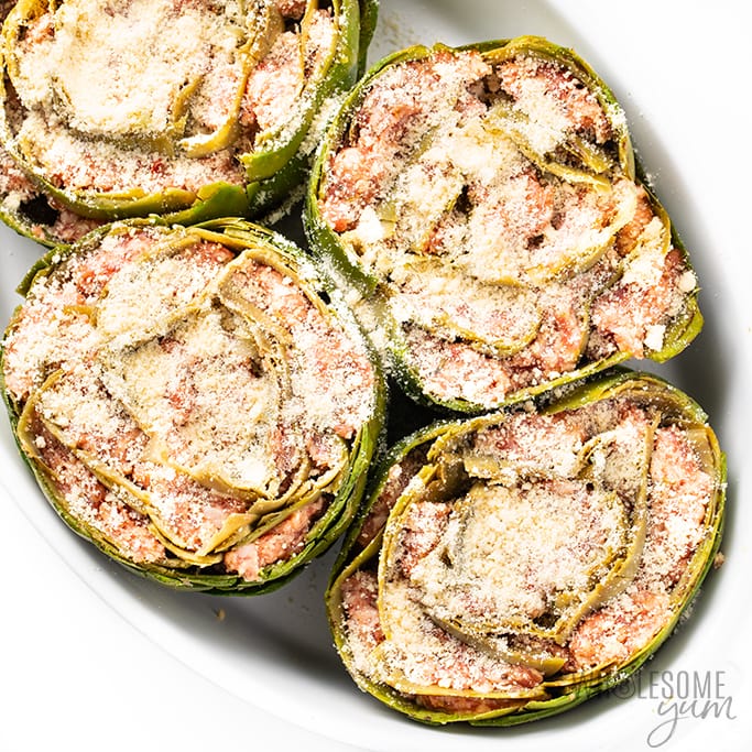 baked stuffed artichokes before going into the oven