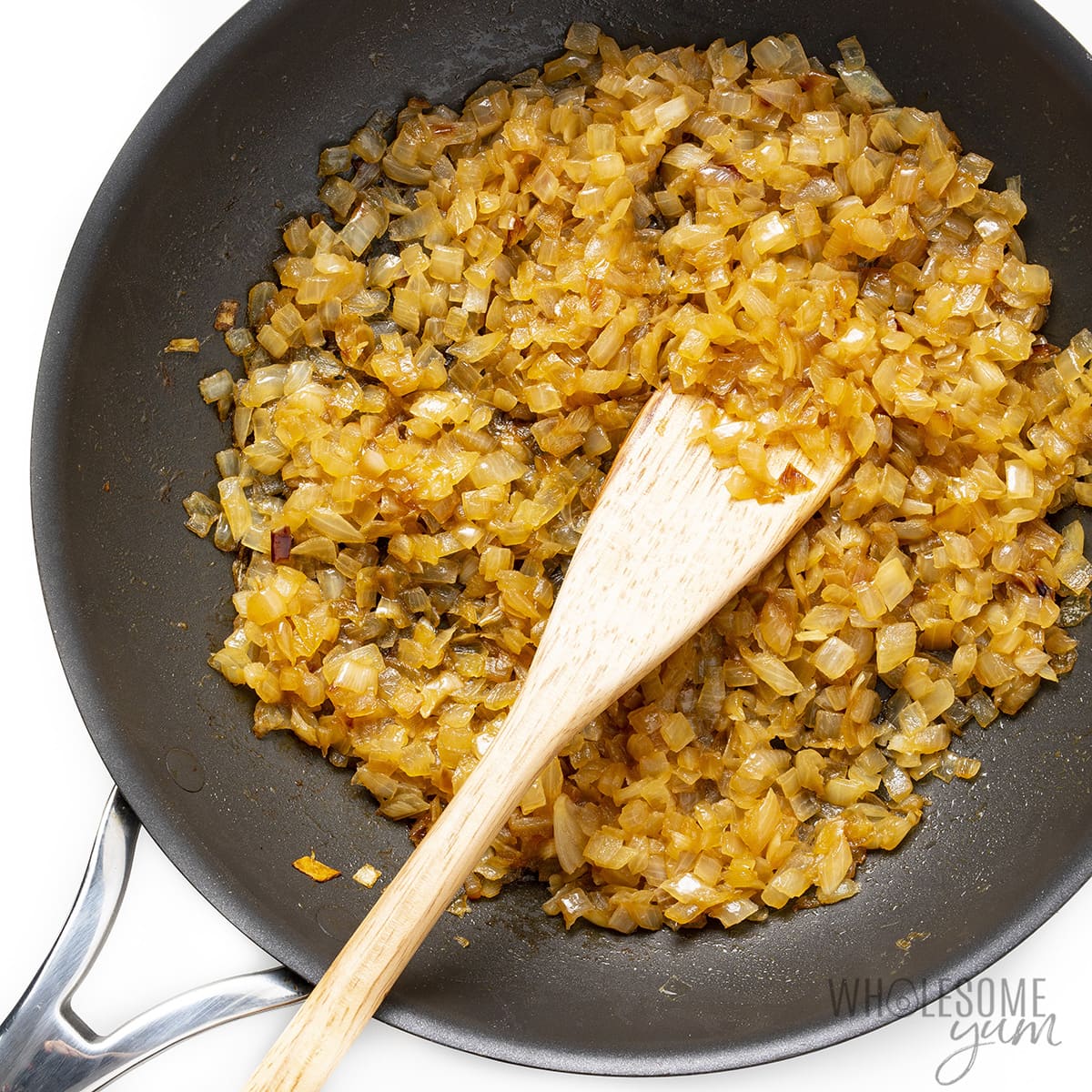 Caramelized onions in a large pan.