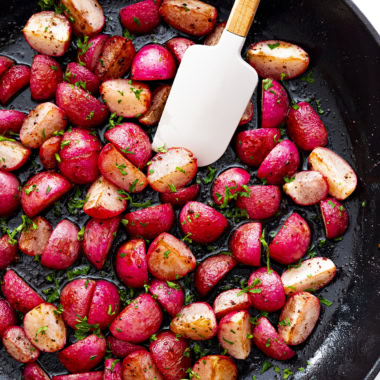 Sauteed radishes, fried in a skillet until crispy and tender.