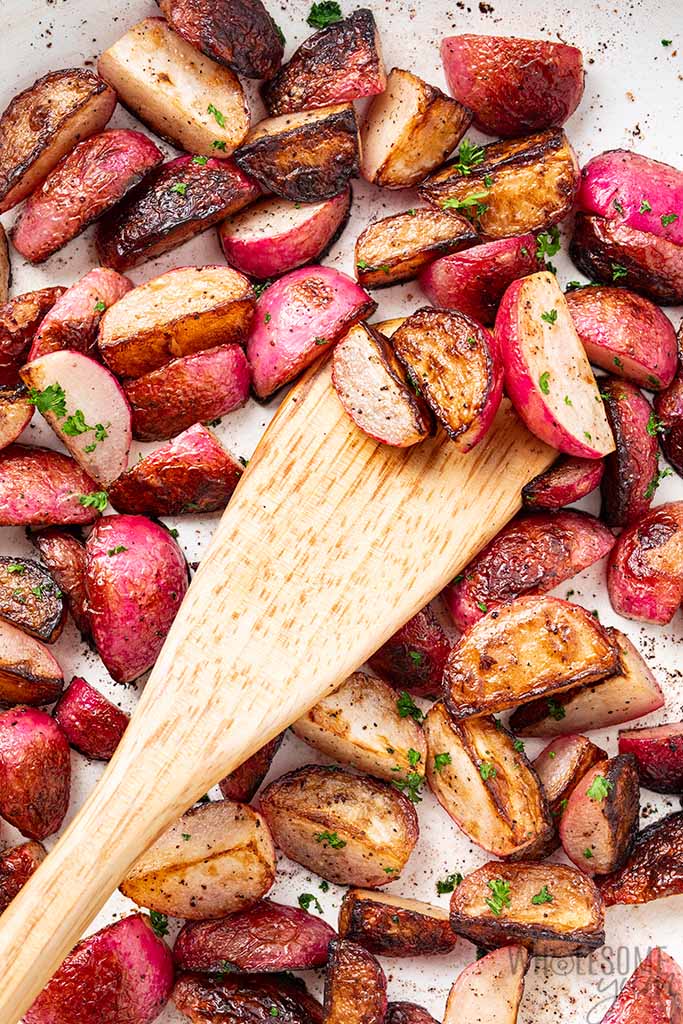 keto radishes in a pan