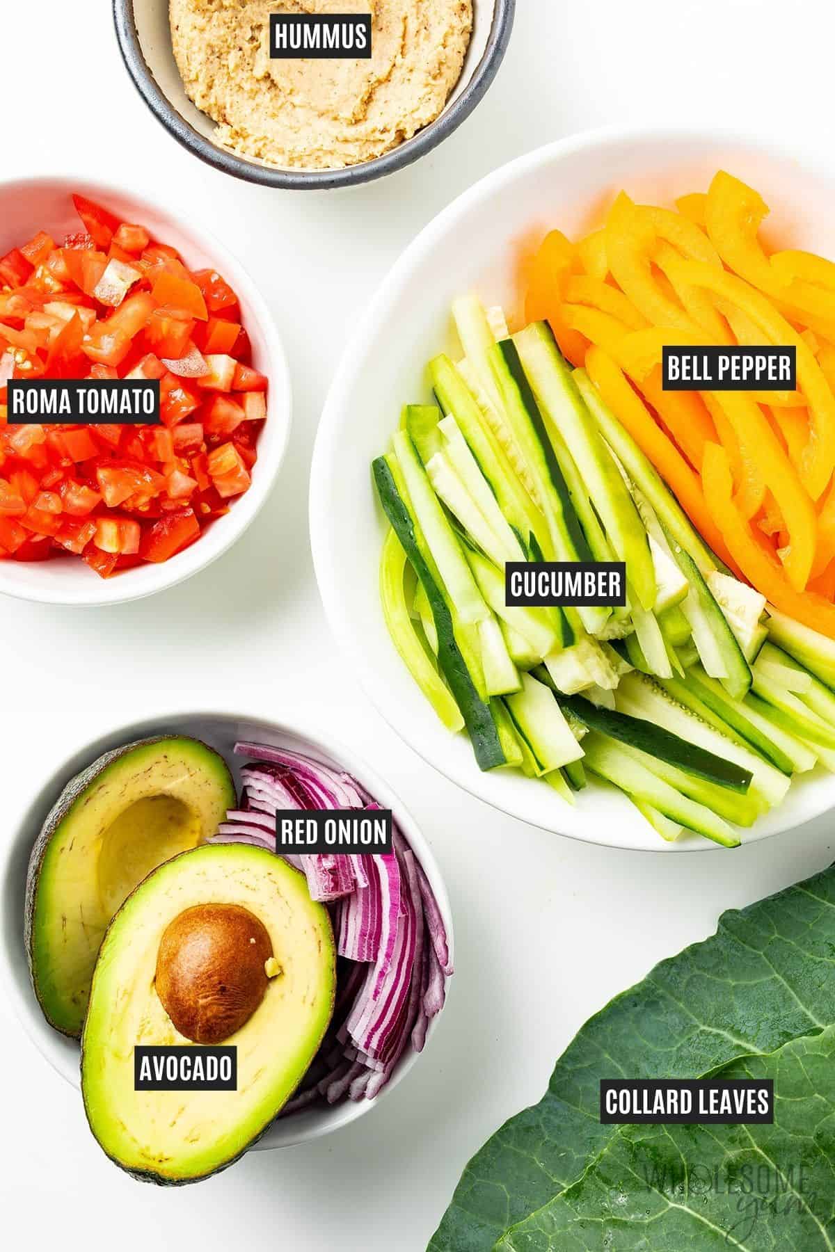 Labeled recipe ingredients: Collard greens, hummus, and veggies.