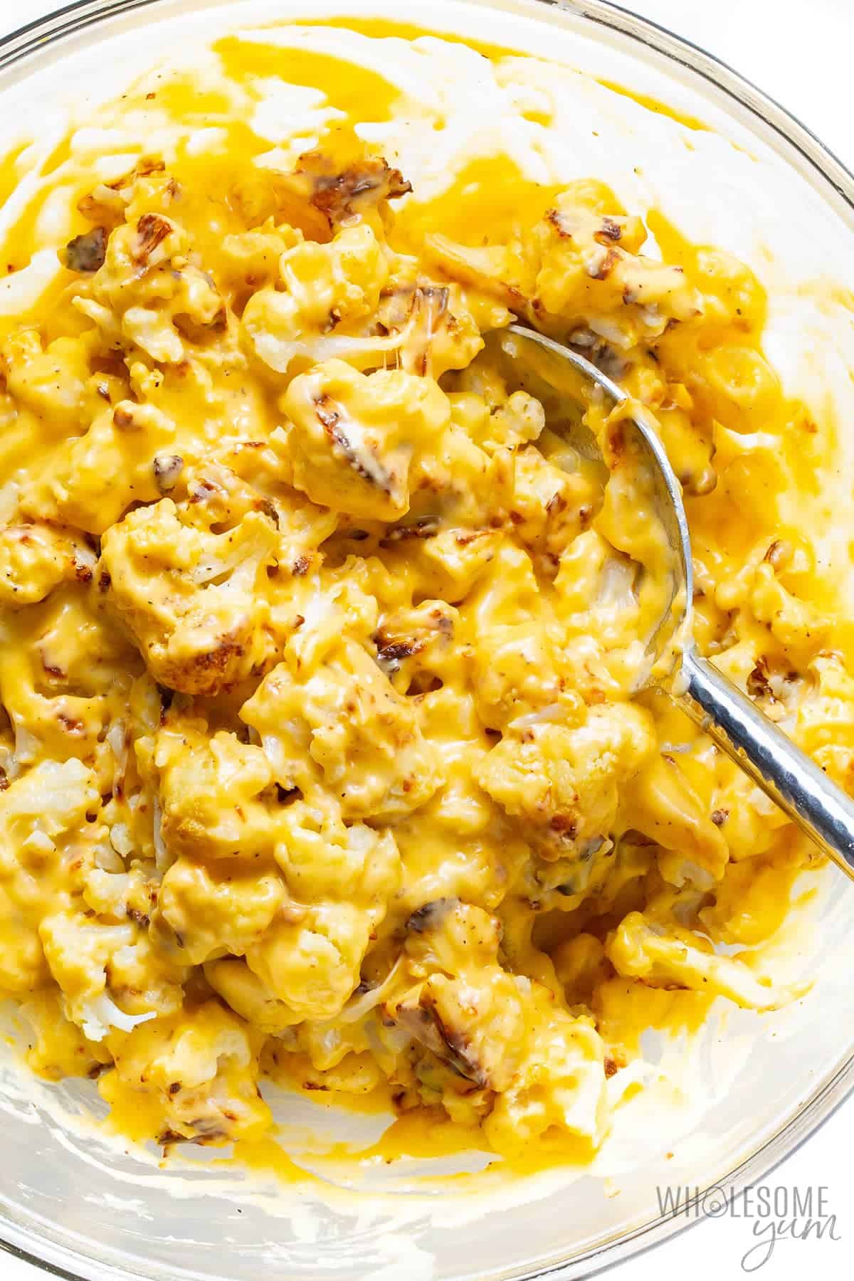 Cauliflower macarani and cheese in a mixing bowl.