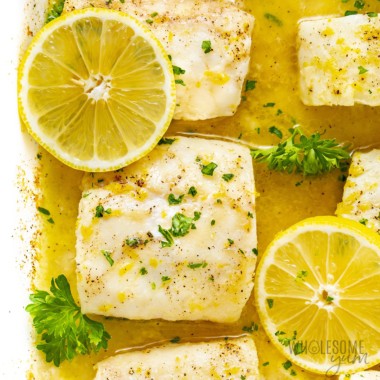Baked cod in baking dish.