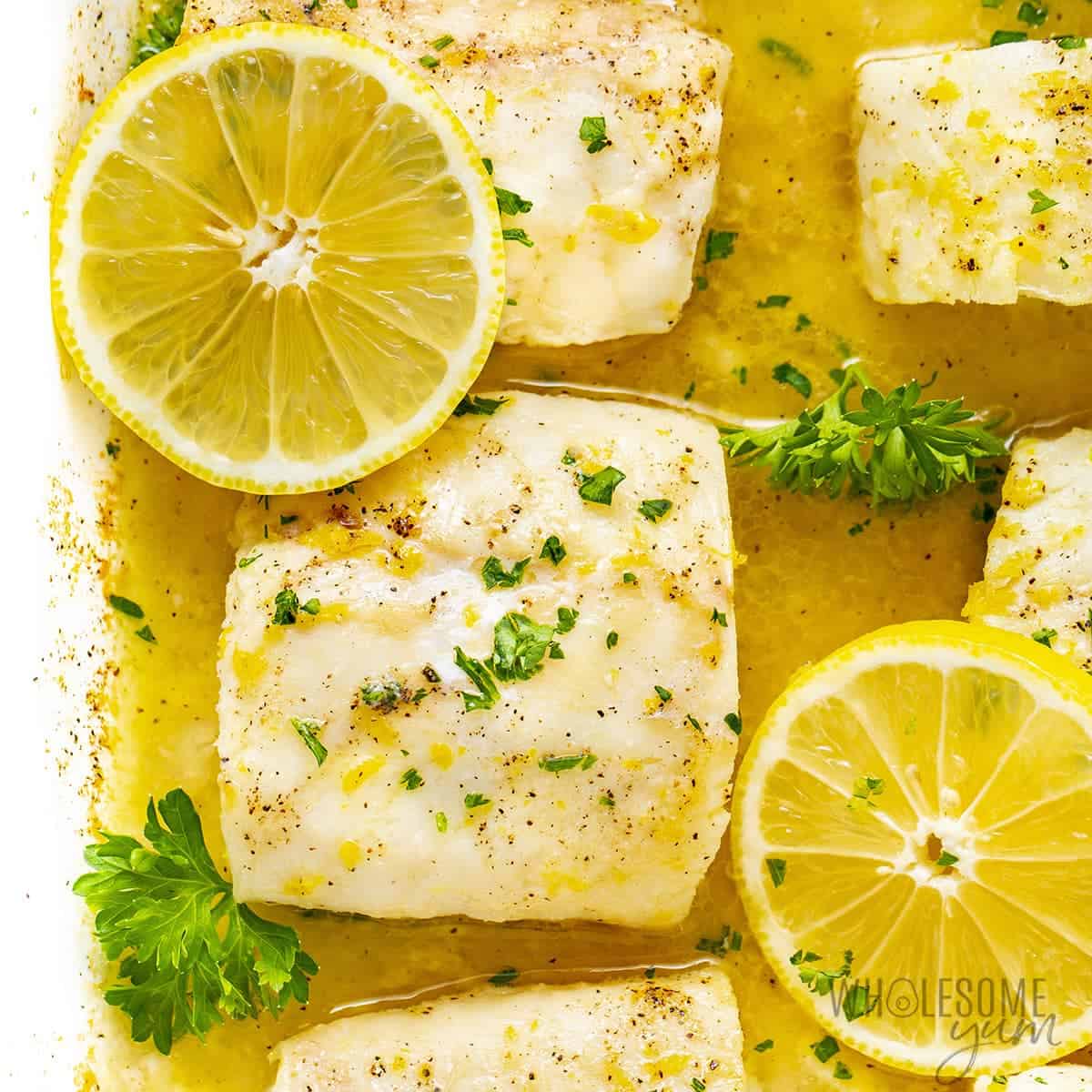 Lemon baked cod in a baking dish