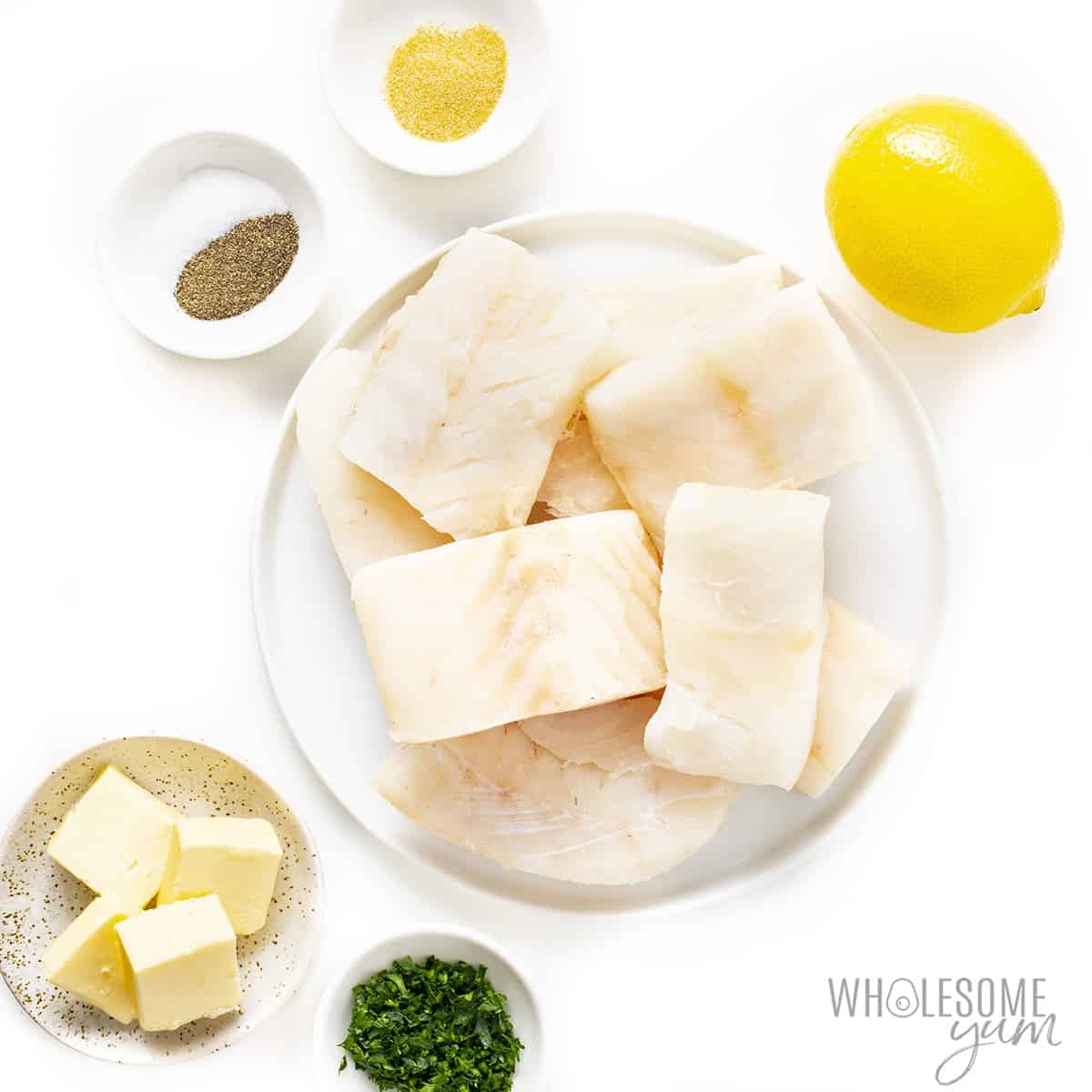 Baked cod recipe ingredients in bowls