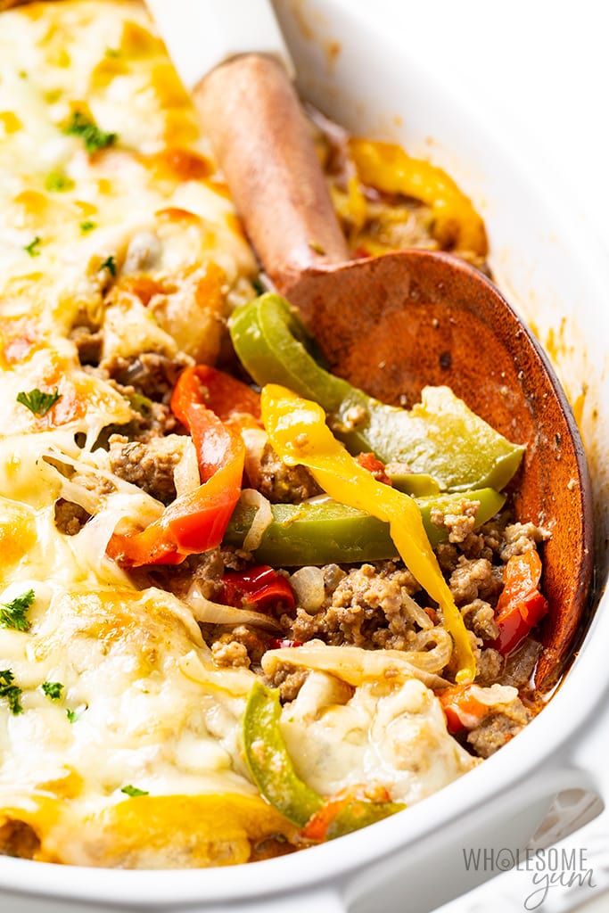 low carb philly cheesesteak casserole with peppers