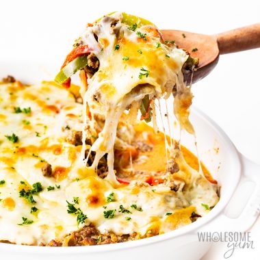 keto philly cheesesteak casserole with cheese pull