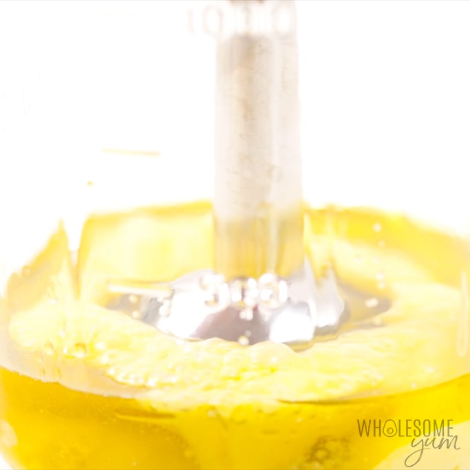 blending lemon aioli with immersion blender