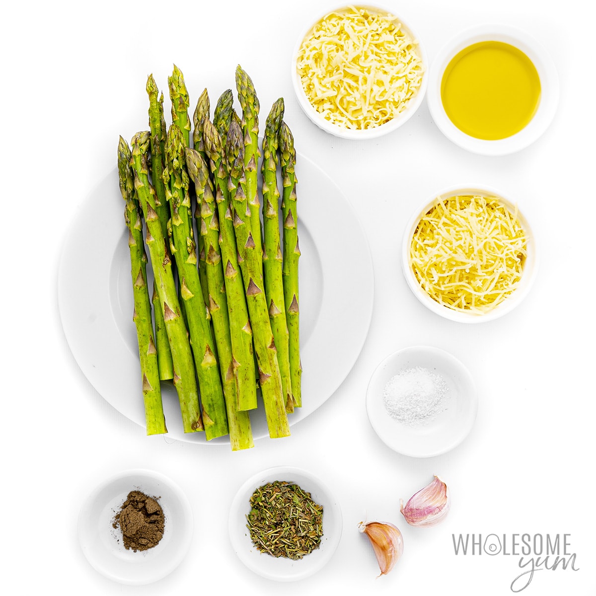 Cheesy asparagus recipe ingredients.