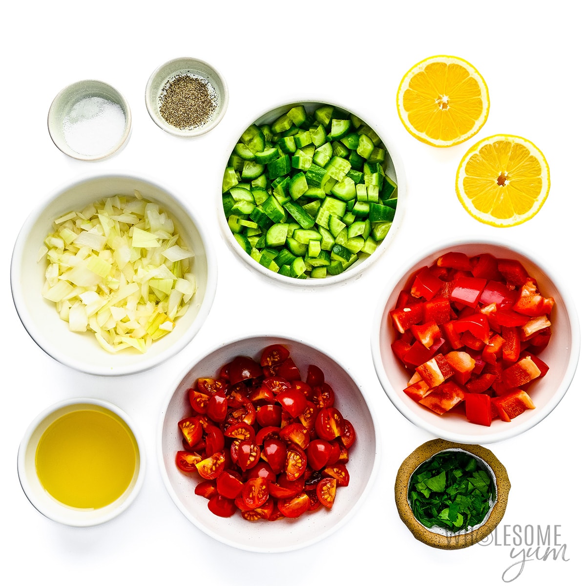 Israeli salad recipe ingredients measured in bowls.