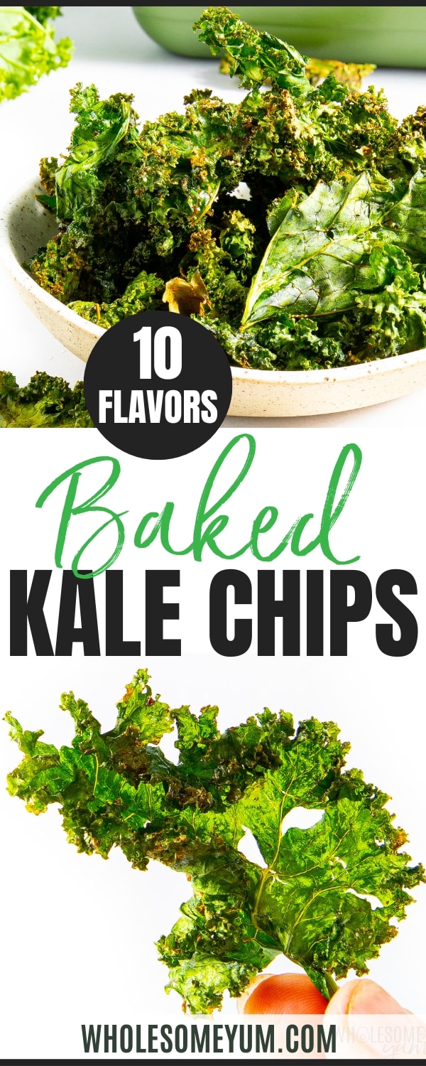 Baked kale chip recipe pin.