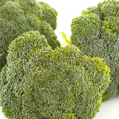 Three heads of broccoli on white background.