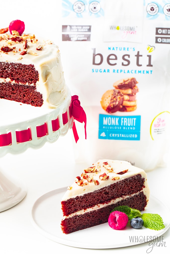 slice of sugar-free red velvet cake with Besti monk fruit sweetener