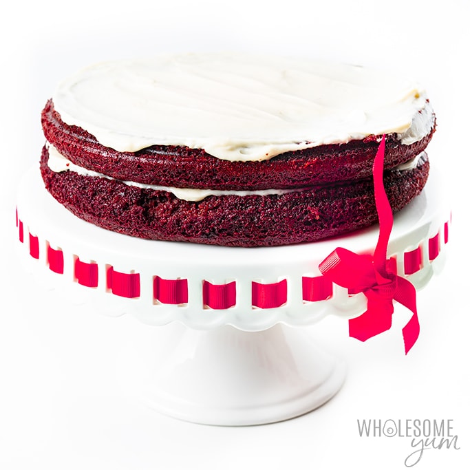 partially frosted low carb red velvet cake