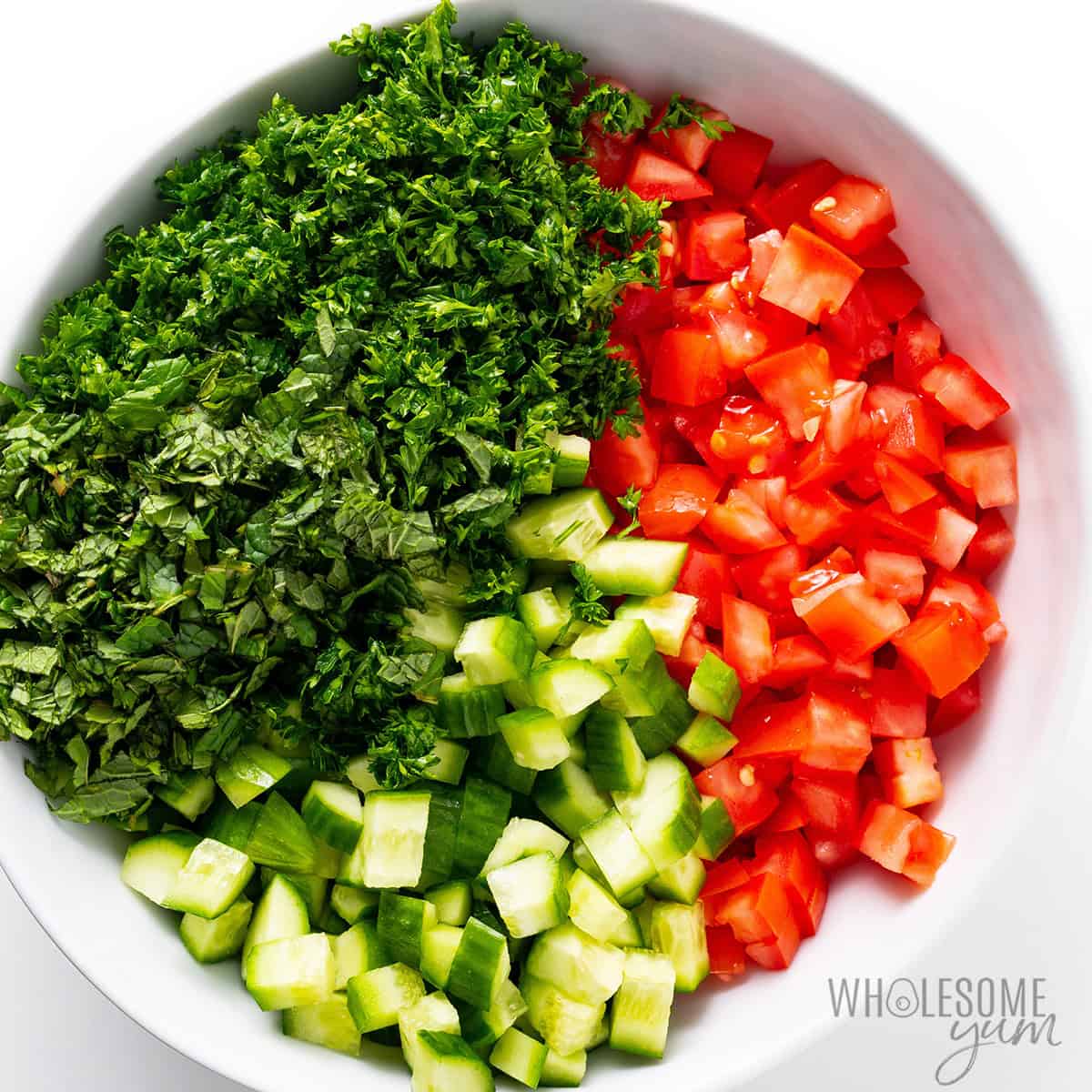 Chopped salad ingredients in a bowl.