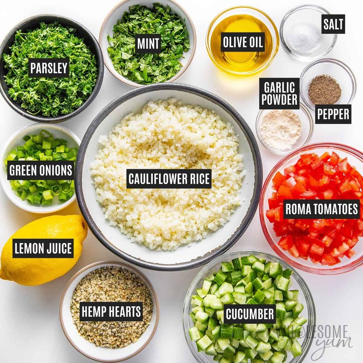 Labeled recipe ingredients: Cauliflower rice, Roma tomatoes, cucumber, fresh mint, curly parsley, green onions, hemp hearts, extra virgin olive oil, lemon juice, garlic powder, sea salt, and black pepper.