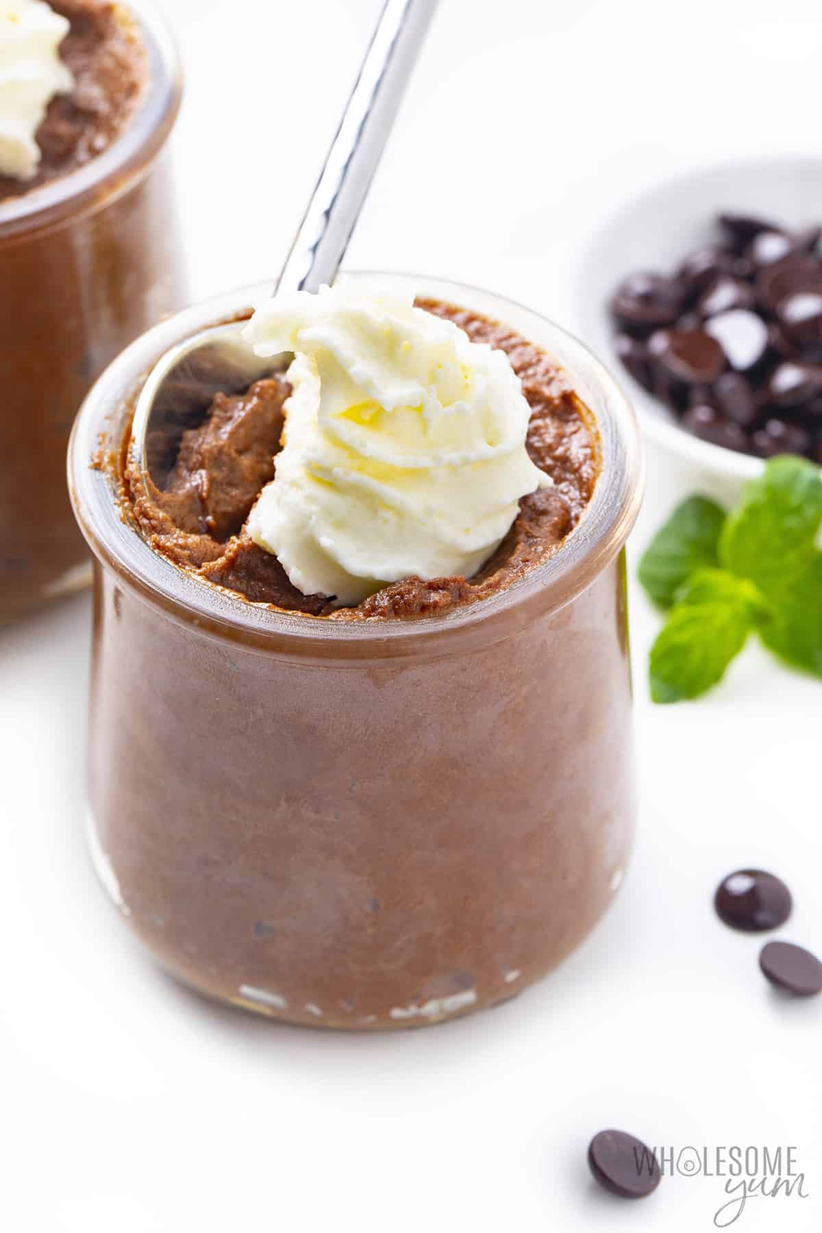 Finished low carb chocolate mousse with spoon.