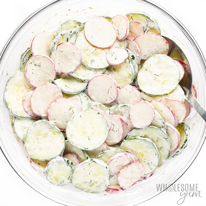 creamy cucumber radish salad in a bowl