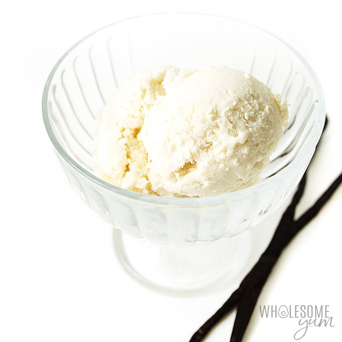 Vanilla mason jar ice cream in a glass dish