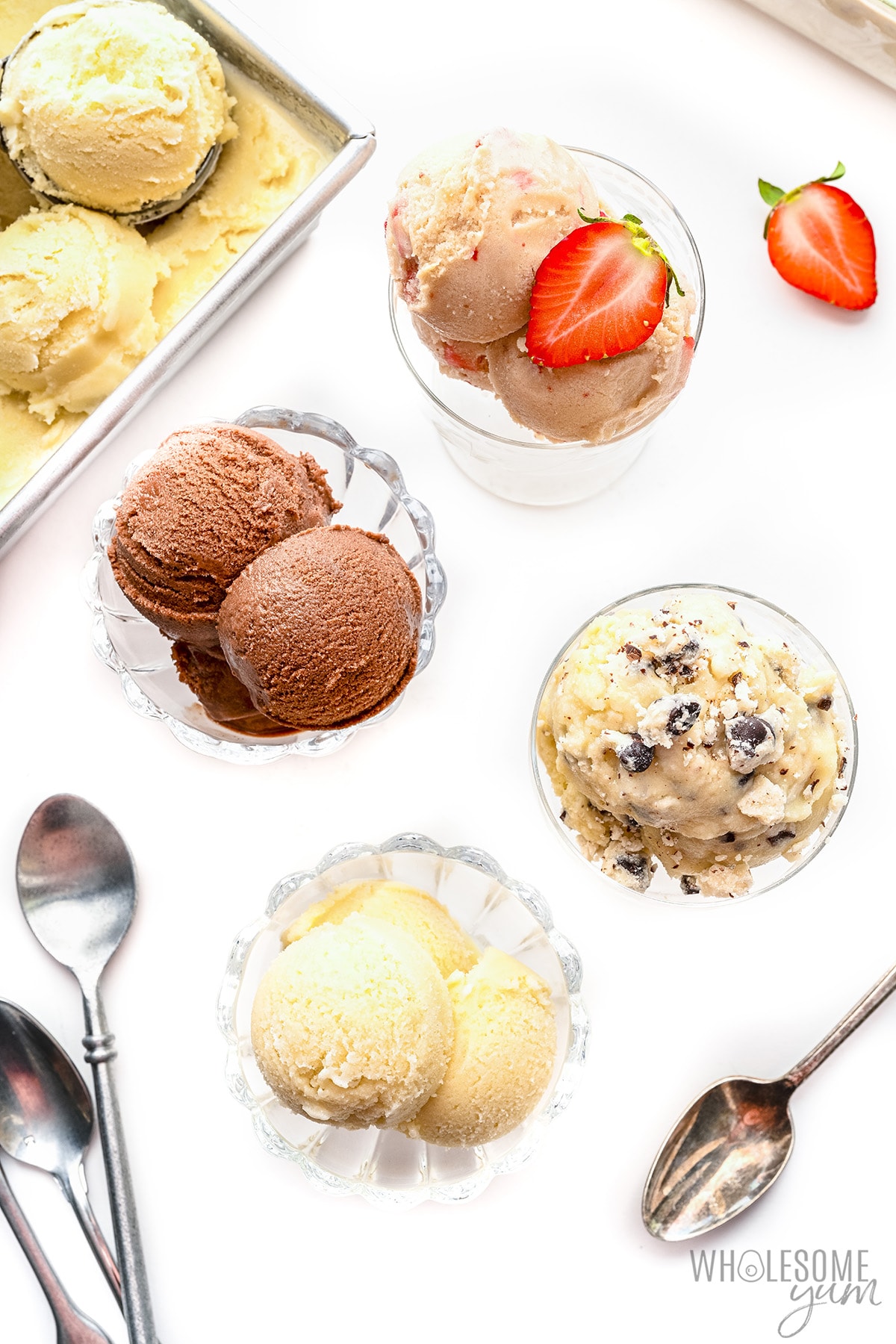 4 almond milk ice cream flavors in serving dishes.