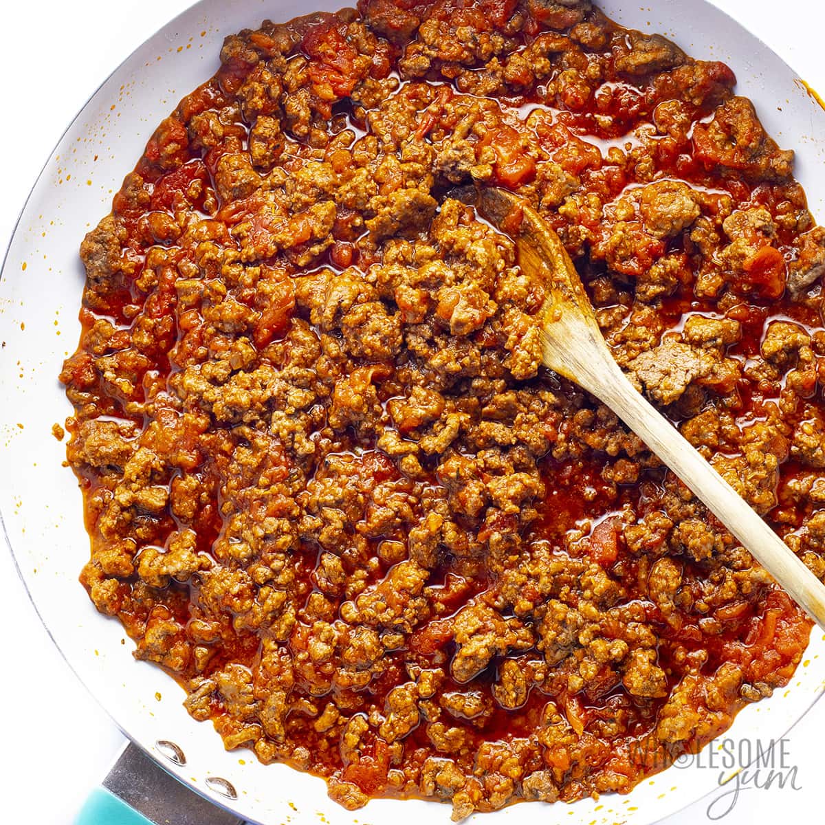 Tomato meat sauce in a skillet.