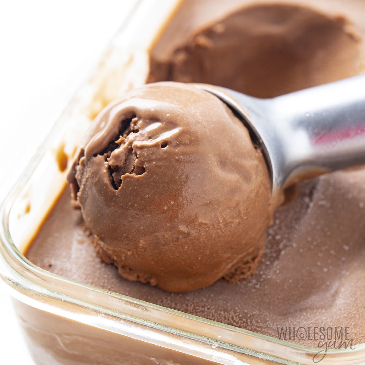 Scoop of chocolate protein ice cream.