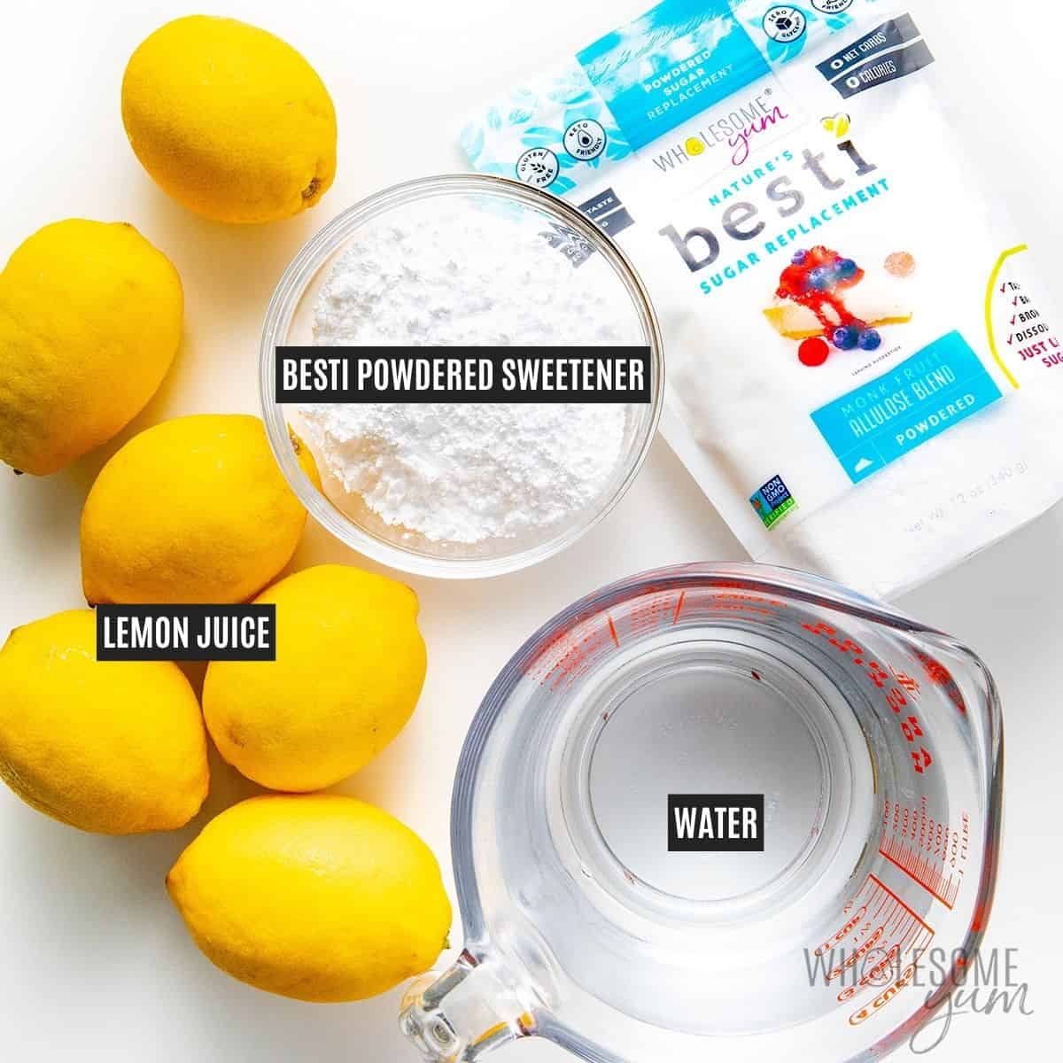 Labeled recipe ingredients: Lemons, powdered Besti, and water.