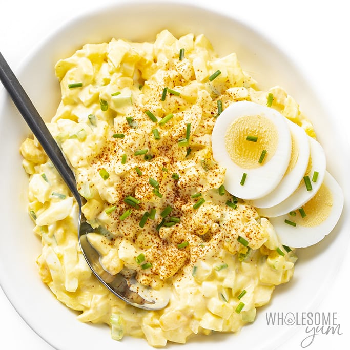 bowl of egg salad with egg slices Detail: easy-keto-egg-salad-recipe-12