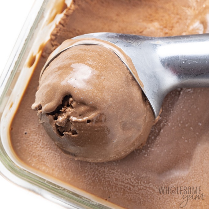 Keto chocolate protein ice cream in a scoop