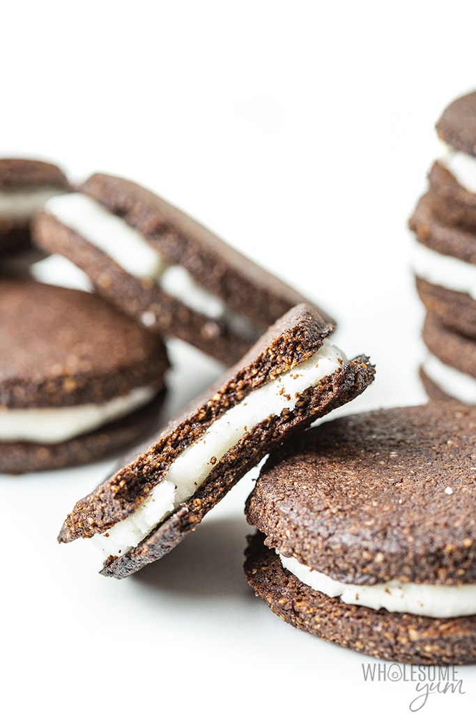 keto oreo cookies with bite out of one