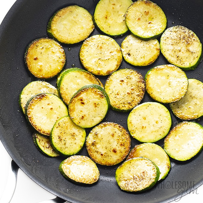 single layer of zucchini slices in pan
