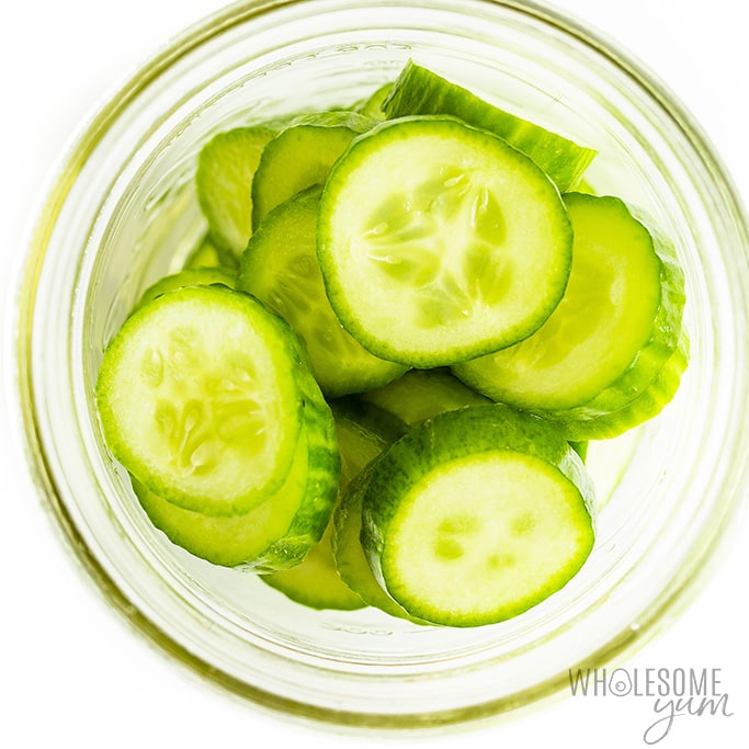 overhead view of a jar of cucumbers