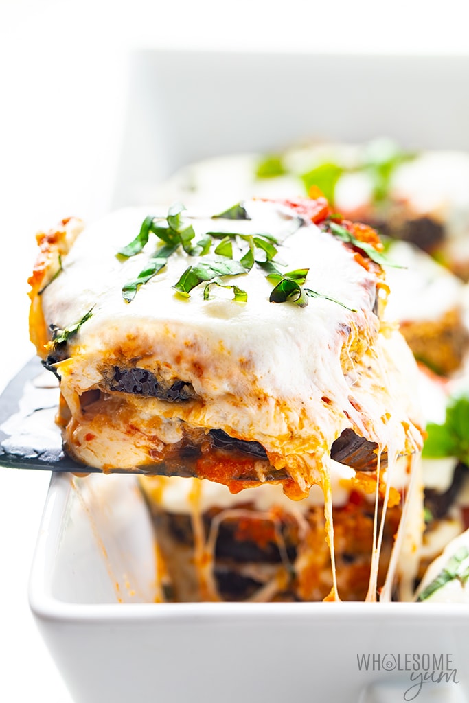 Low carb eggplant parmesan cheese pull