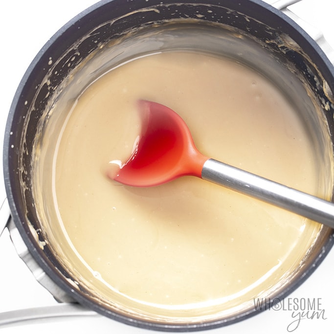 Overhead view of condensed milk in a pot made with Besti