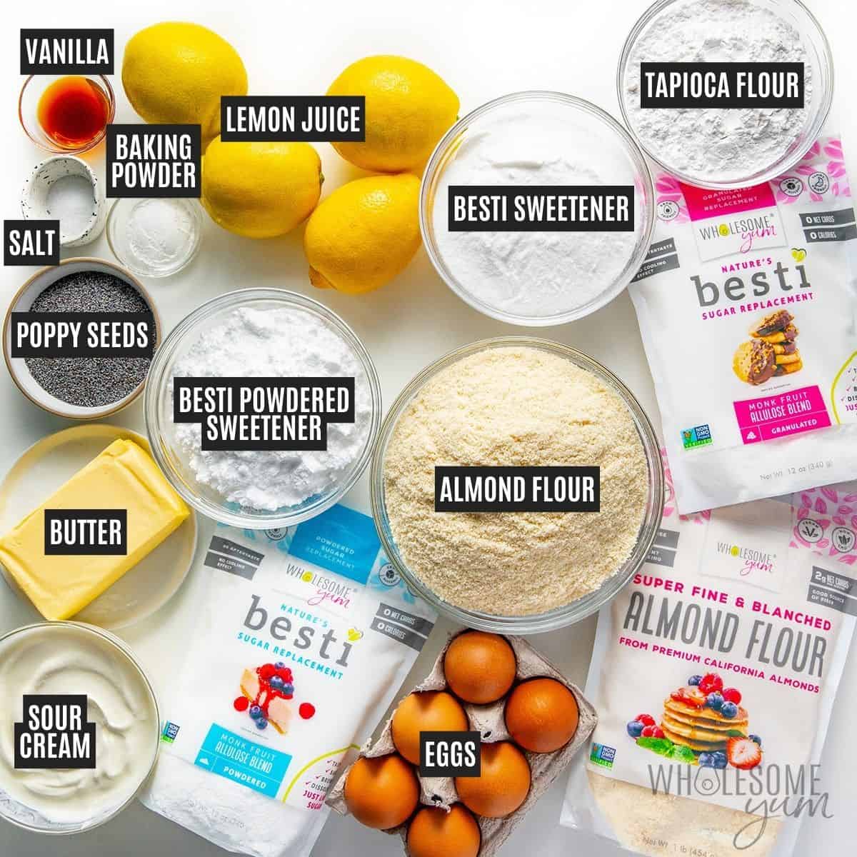 Labeled recipe ingredients: Unsalted butter, Besti Monk Fruit Allulose Blend, eggs, sour cream, vanilla extract, Wholesome Yum Blanched Almond Flour, tapioca flour, baking powder, poppy seeds, lemons, Besti Powdered Monk Fruit Allulose Blend, lemon juice, vanilla extract, and salt.