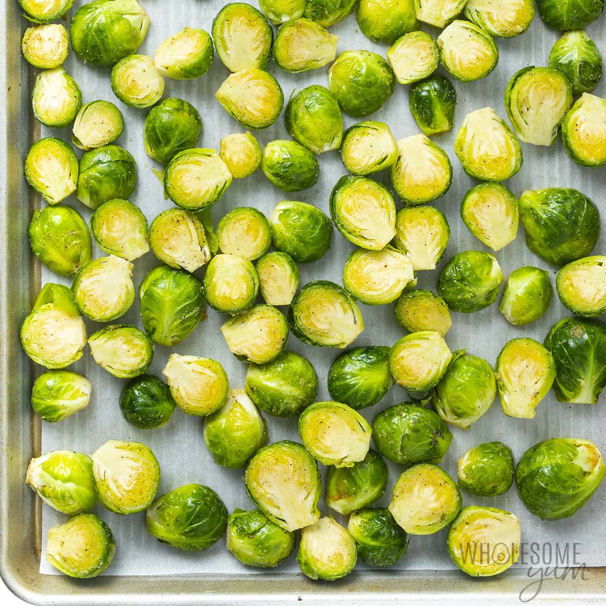 Raw Brussels Sprouts on a Single Layer Pan.