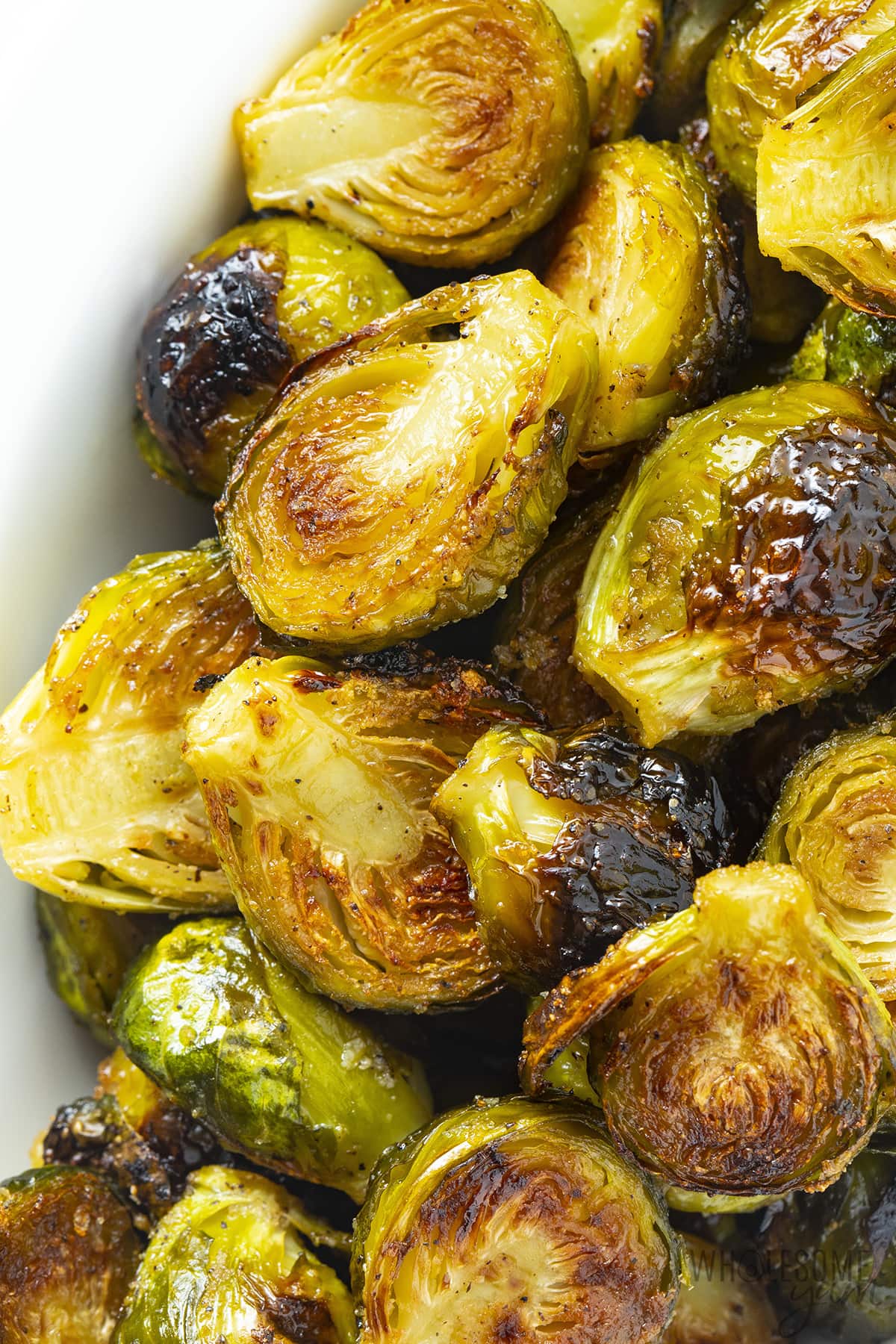 Oven roasted Brussels sprouts close up.