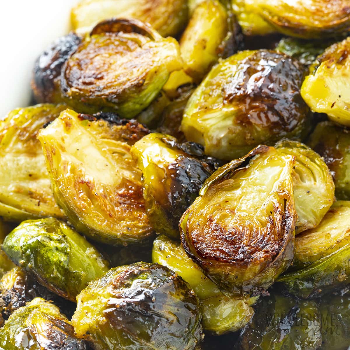 Oven roasted brussels sprouts recipe close up.