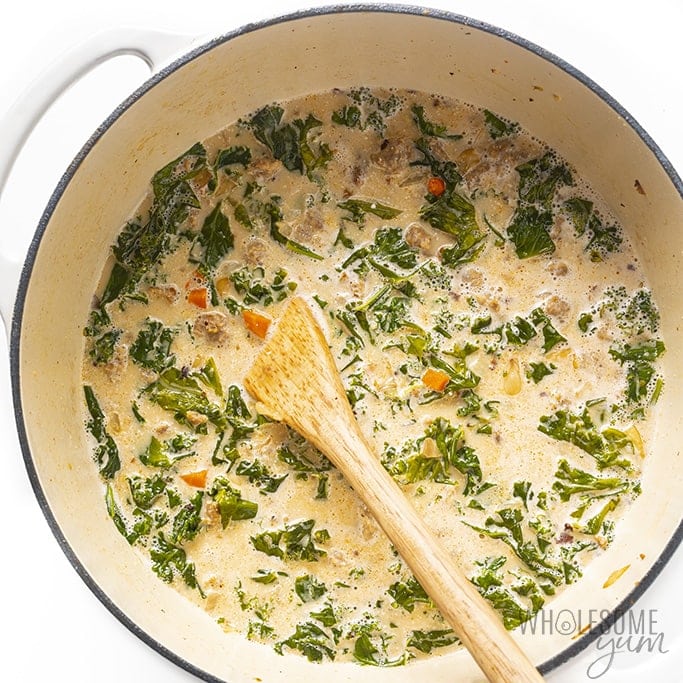 Finished Italian sausage kale soup with cream cheese