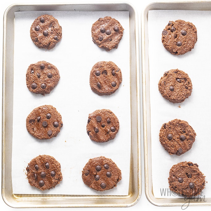 Overhead view of cookies on sheet pans before cooking
