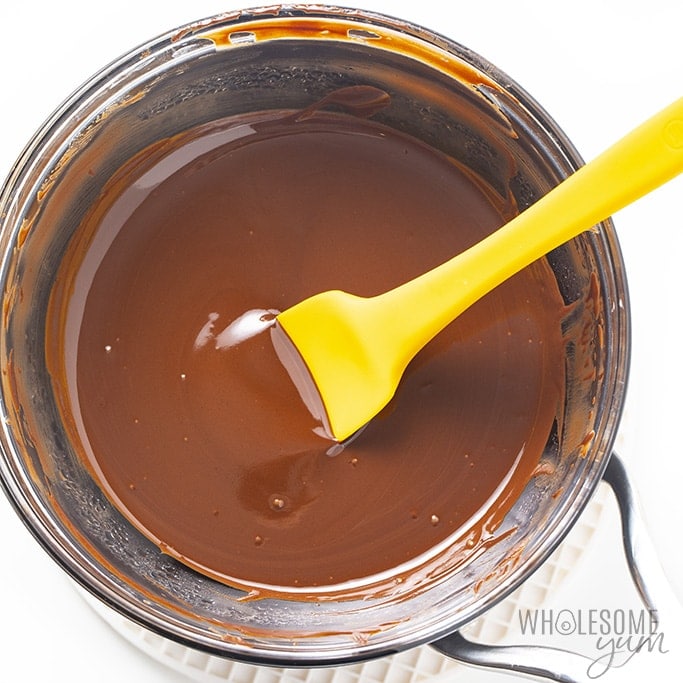 Overhead view of melted chocolate in a saucepan