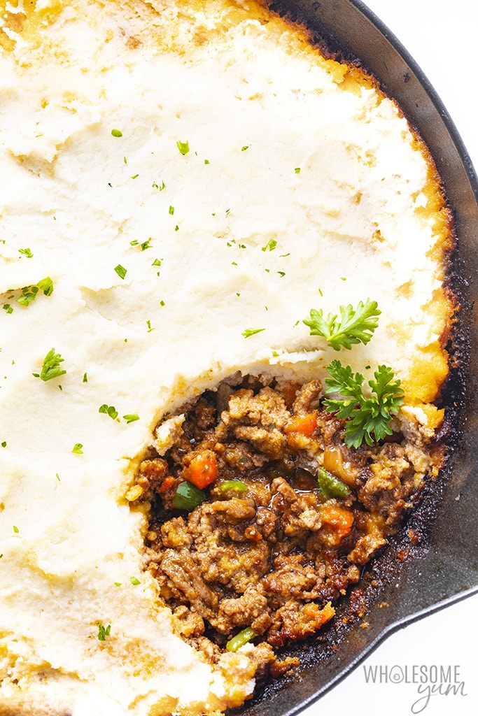 Keto low carb shepherd's pie in a cast iron skillet