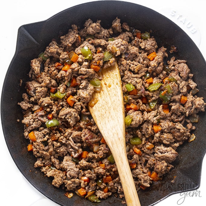 Ground lamb in a skillet for shepherd's pie