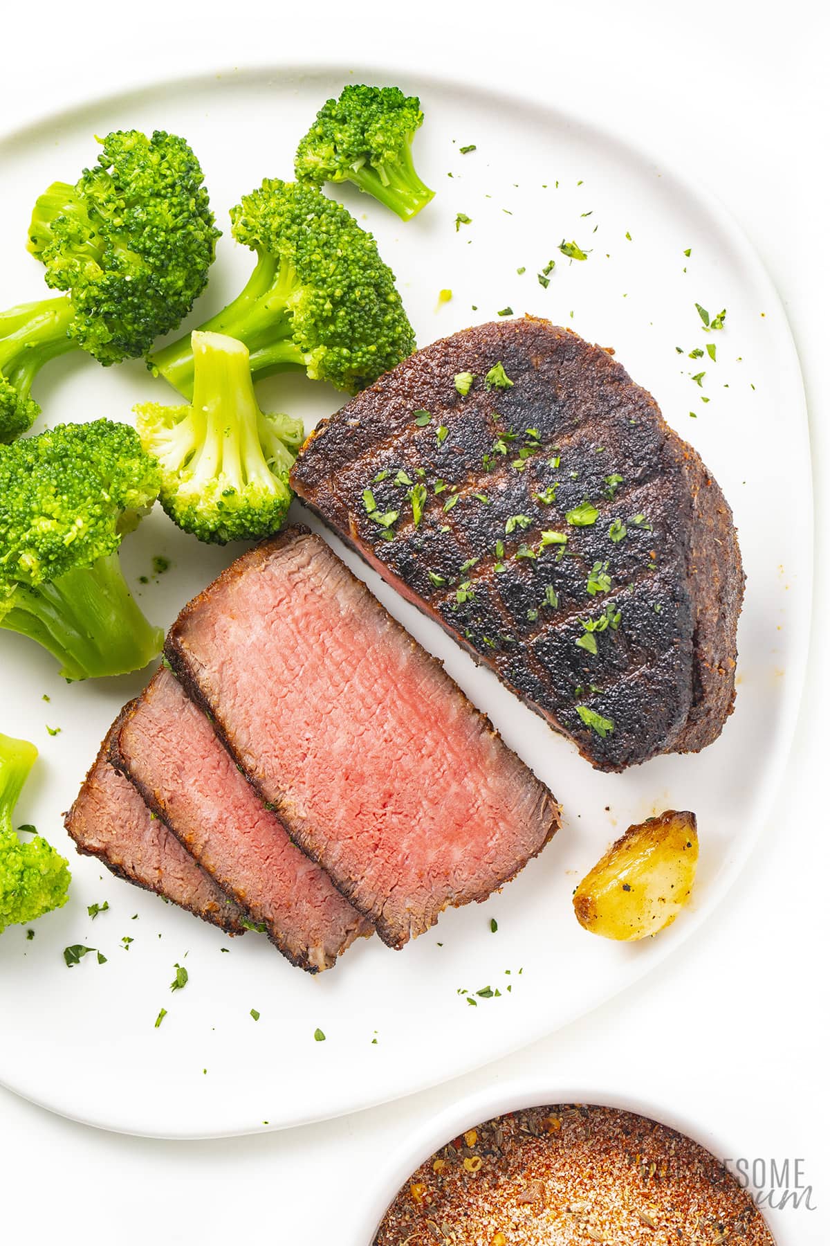 Reverse seared steak with broccoli.