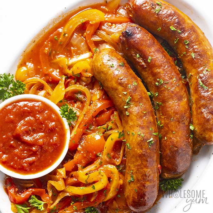 Crock Pot sausage and peppers on a plate.