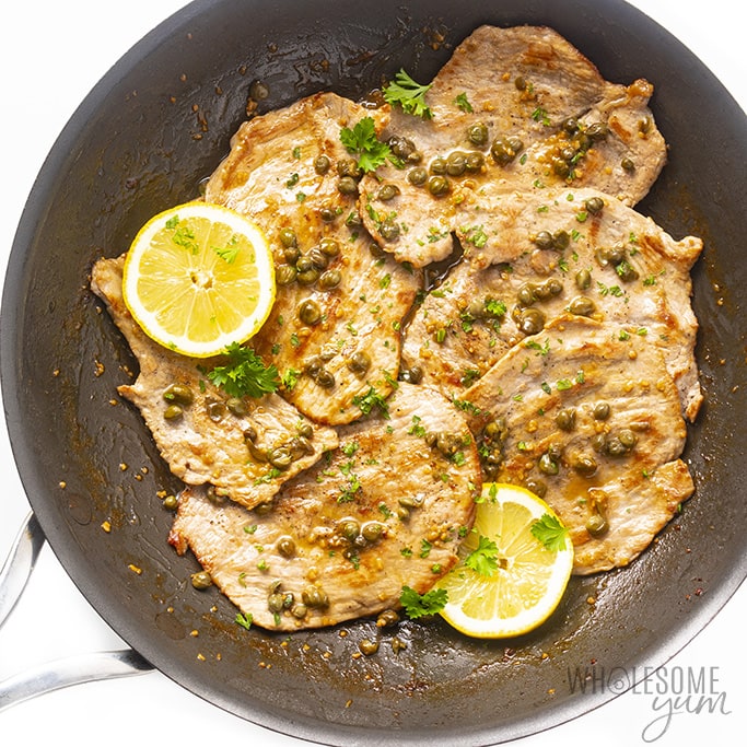 Overhead view of healthy veal piccata